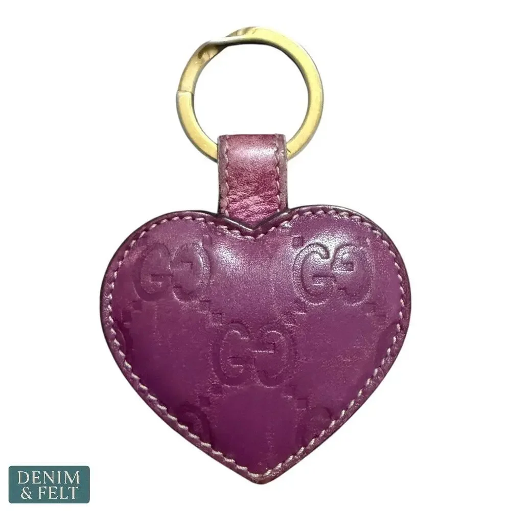 Gucci Monogram Leather Heart Key Ring in Magenta Pink‎ with Gold Hardware